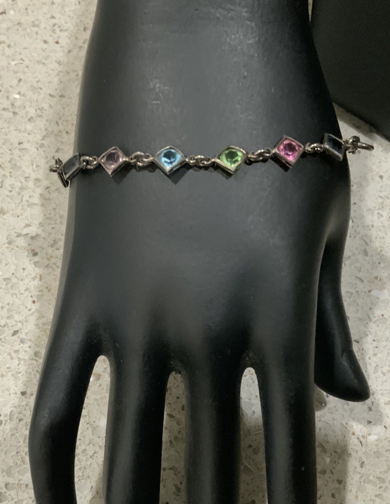VTG ITALIAN STERLING SILVER BRACELET BEZEL SET MULTI COLOR GLASS STONES 7”