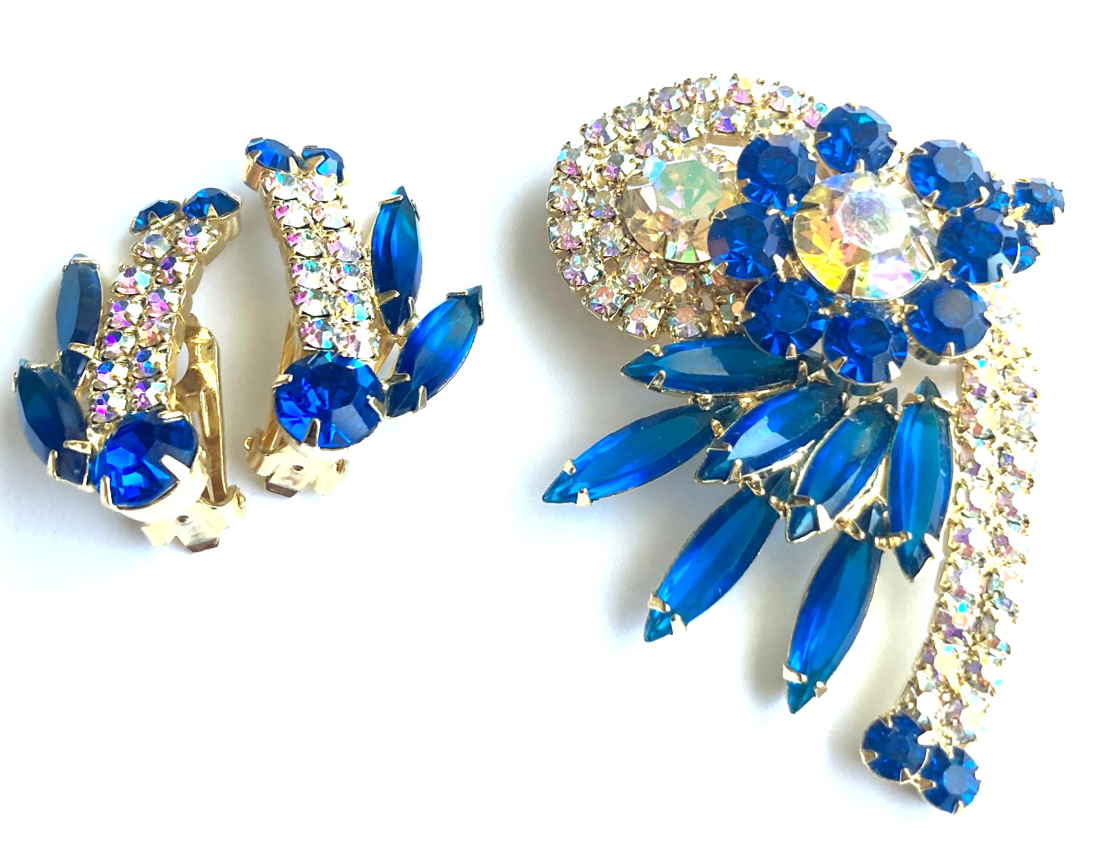 Verified JULIANA D&E Blue Open Back Navette AB Rhinestone Brooch Earring Set