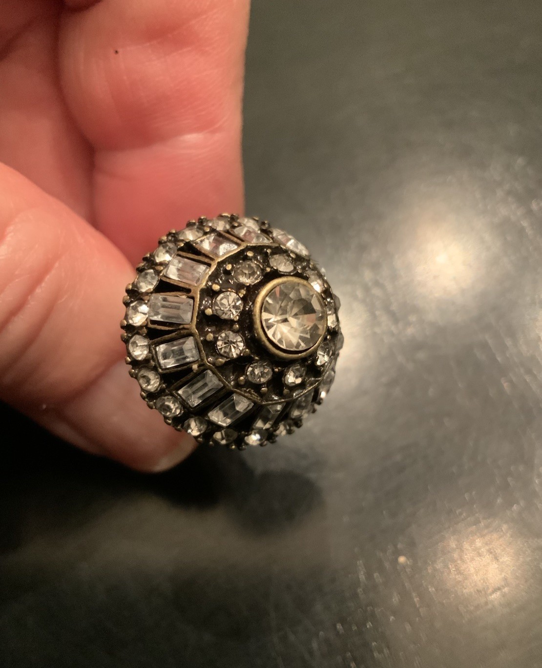 Gold Tone Rhinestone Dome Ring Stretch Tubular Band Fits Various Sizes Boho