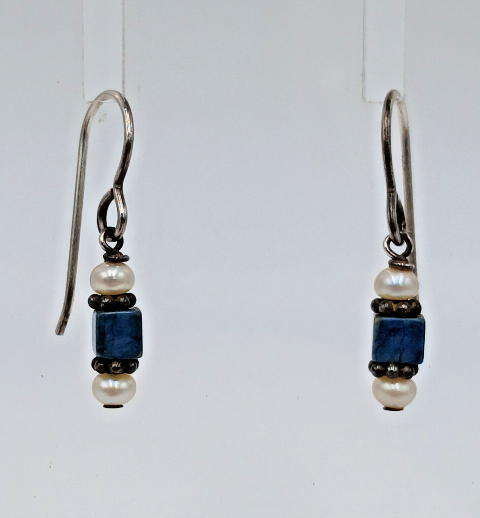 VTG Beaded Dangle Earrings 1in Drop Blue Stone Seed Pearl Silver Tone Estate