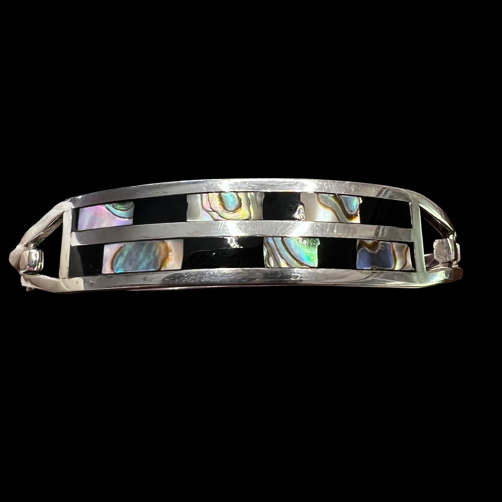 Vintage Alpaca Mexico Abalone Onyx Inlay Bangle Bracelet Silver Tone 7.25 in