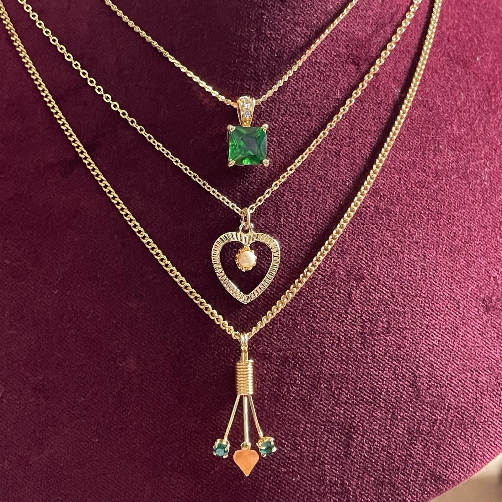 Vintage Dainty Necklace Set (3) Emerald Green Rhinestone Gold Tone Heart May Lot