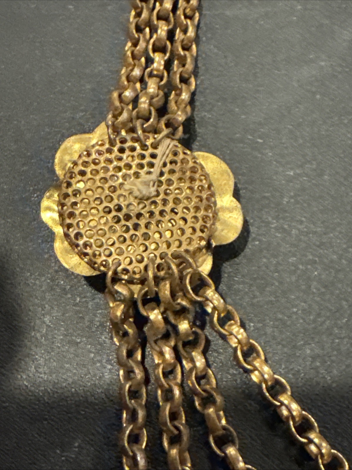 ANTIQUE VINTAGE FESTOON NECKLACE GOLDWASH BRASS FILIGREE ROSETTES DANGLES