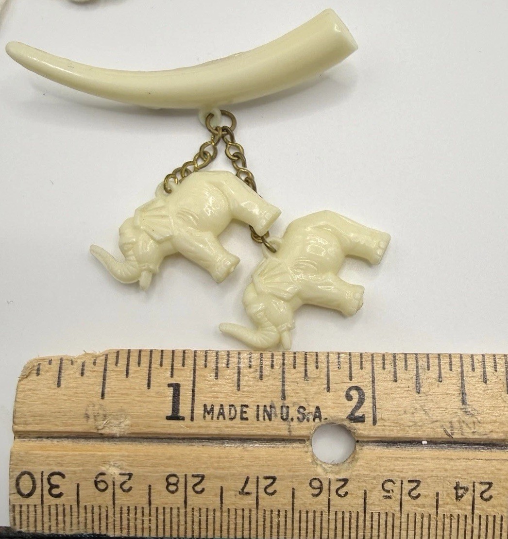 Celluloid Elephants Brooch White Vintage Pin Souvenir Collectible Animal Jewelry