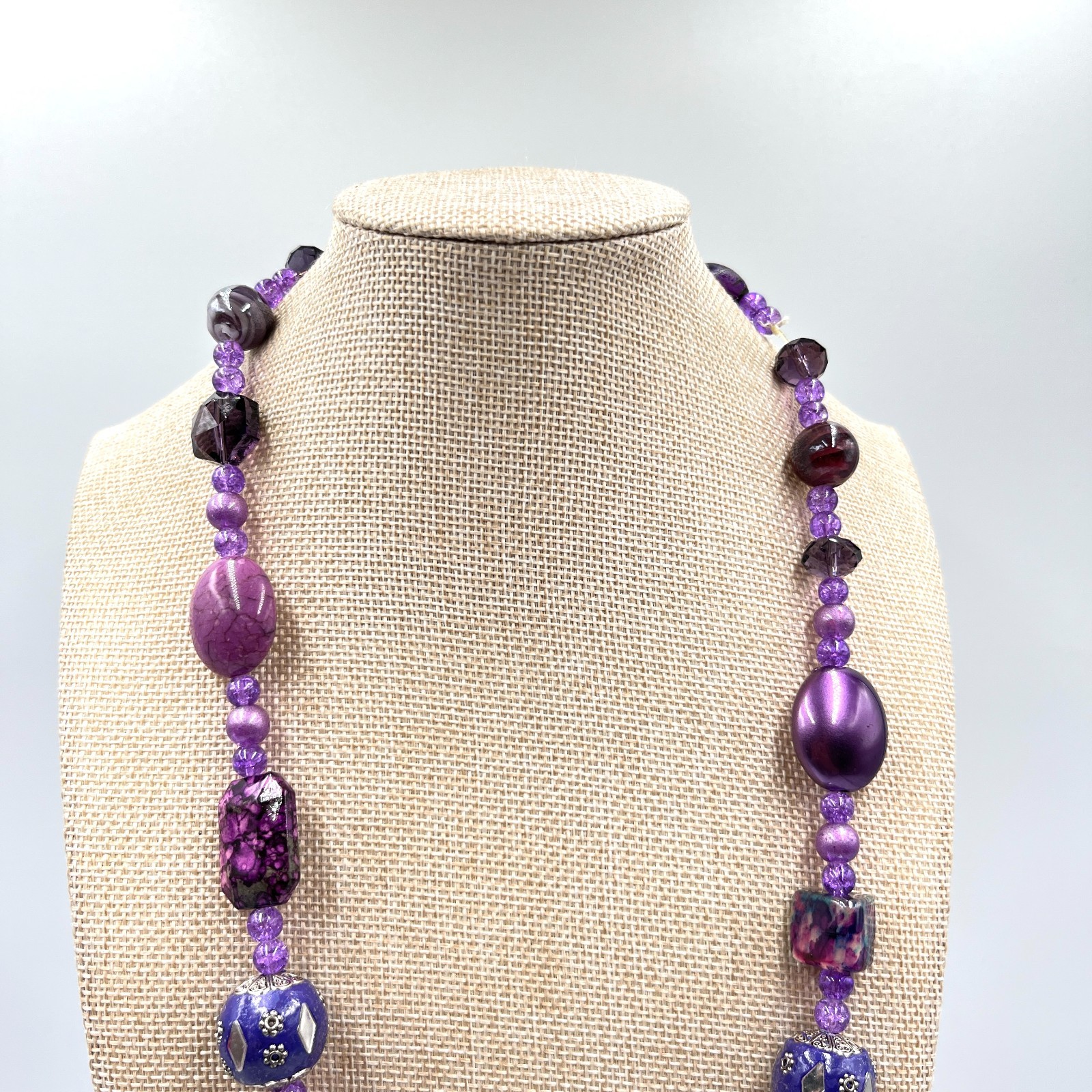 Vintage Retro Purple Multi-Stone Beaded Necklace Mixed Media Art Deco Style