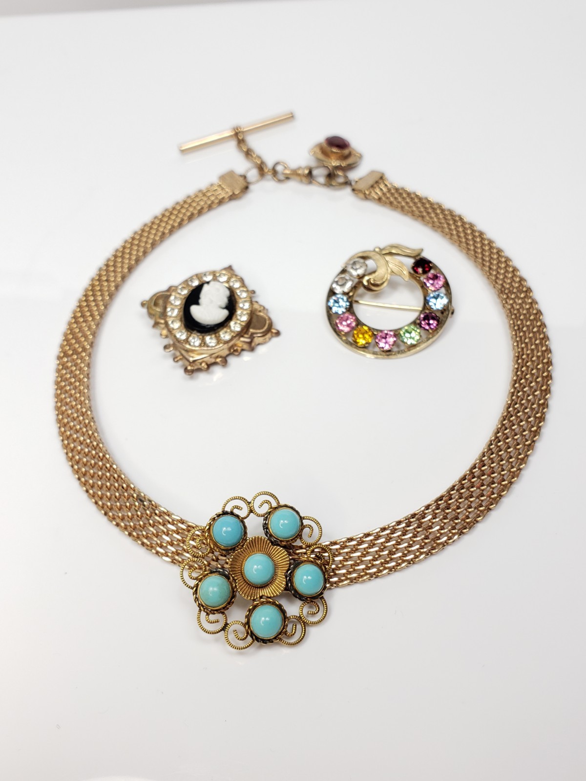Antique Victorian Gold Filled Choker Watch Mesh Chain Necklace Bracelet Pin Lot