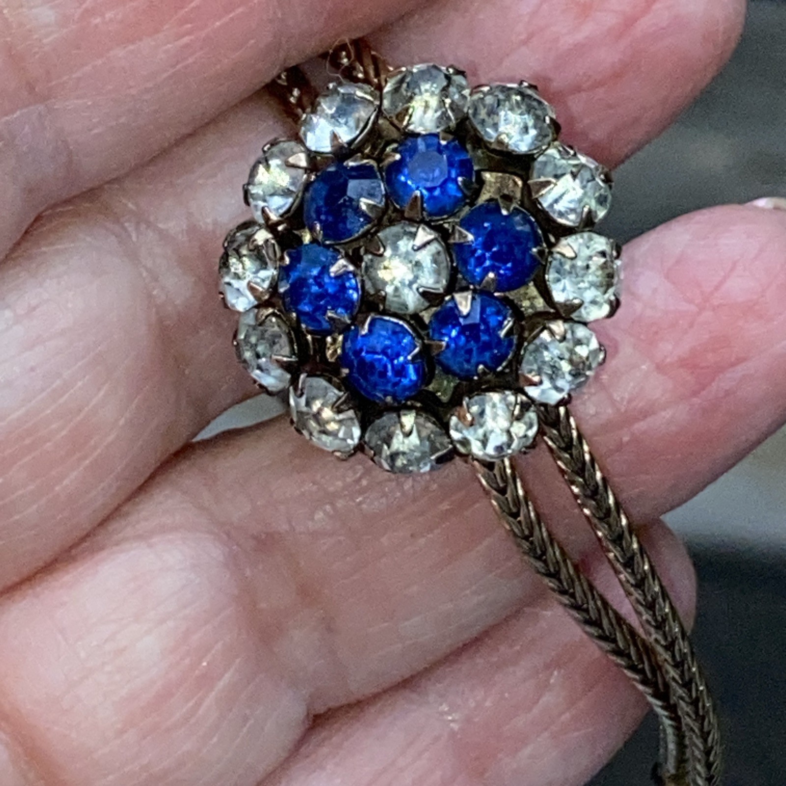 ANTIQUE VINTAGE SAPPHIRE CLEAR PASTE STONES BOLO FIX TAIL CHAIN NECKLACE 19 3/4”