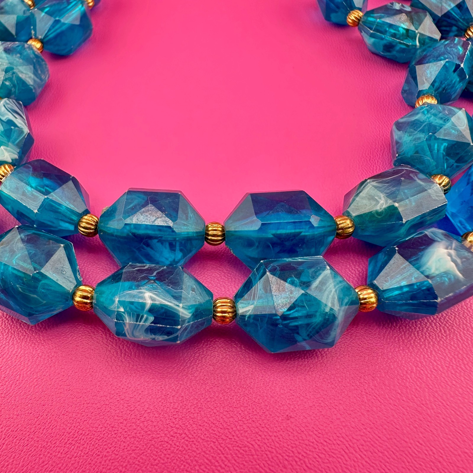 Vintage Necklace Aqua Blue Marbled Acrylic 2 Strand Filigree Clasp Faceted Bead