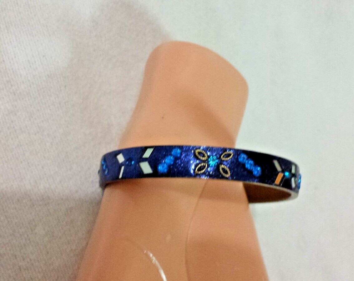 Vtg Blue Glitter Blue Stone Mirrored Bling Fashion Bracelet Womens Sz 8.25 India