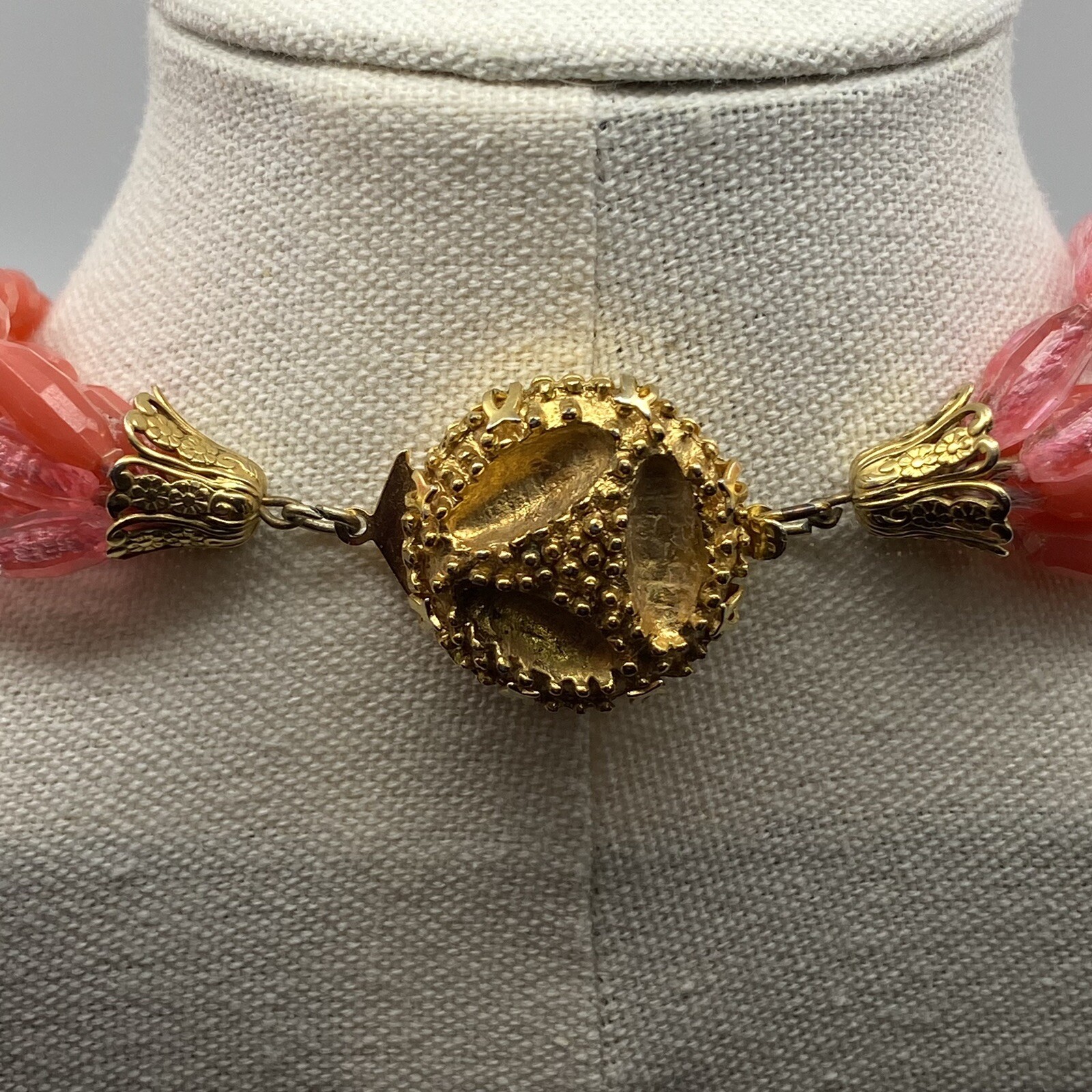 Retro Pink & Coral Multi-Strand Beaded Statement Necklace Jewelry Vintage