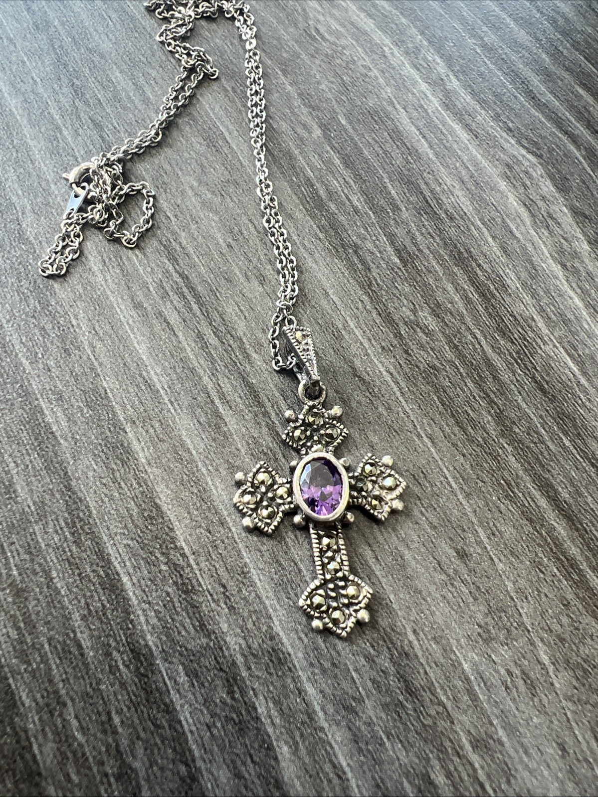 Vintage Signed CW Sterling Silver 925 Amethyst Marcasite Cross Pendant Necklace