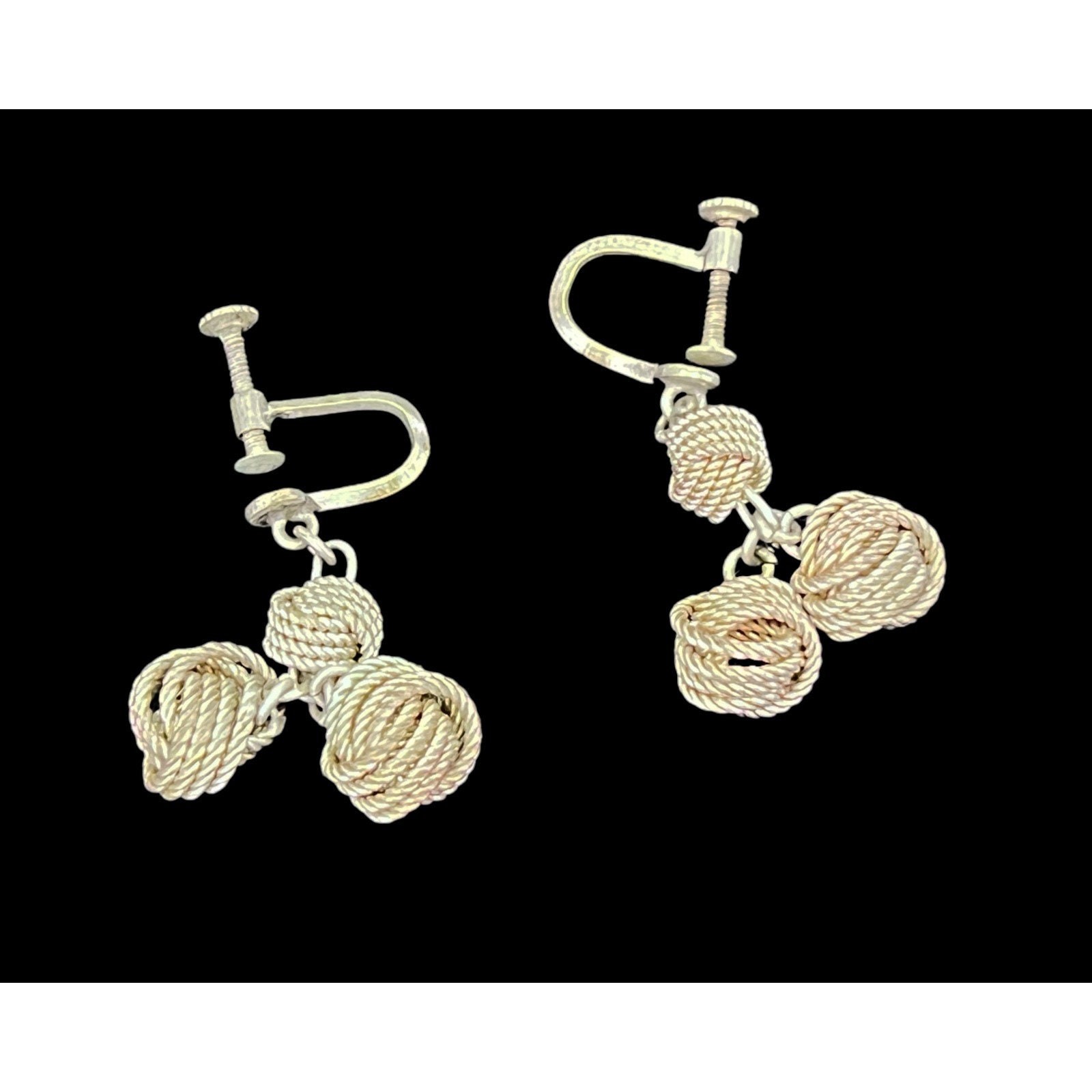 Vintage Silver Tone Triple Love Knot Dangle Earrings Screw Back