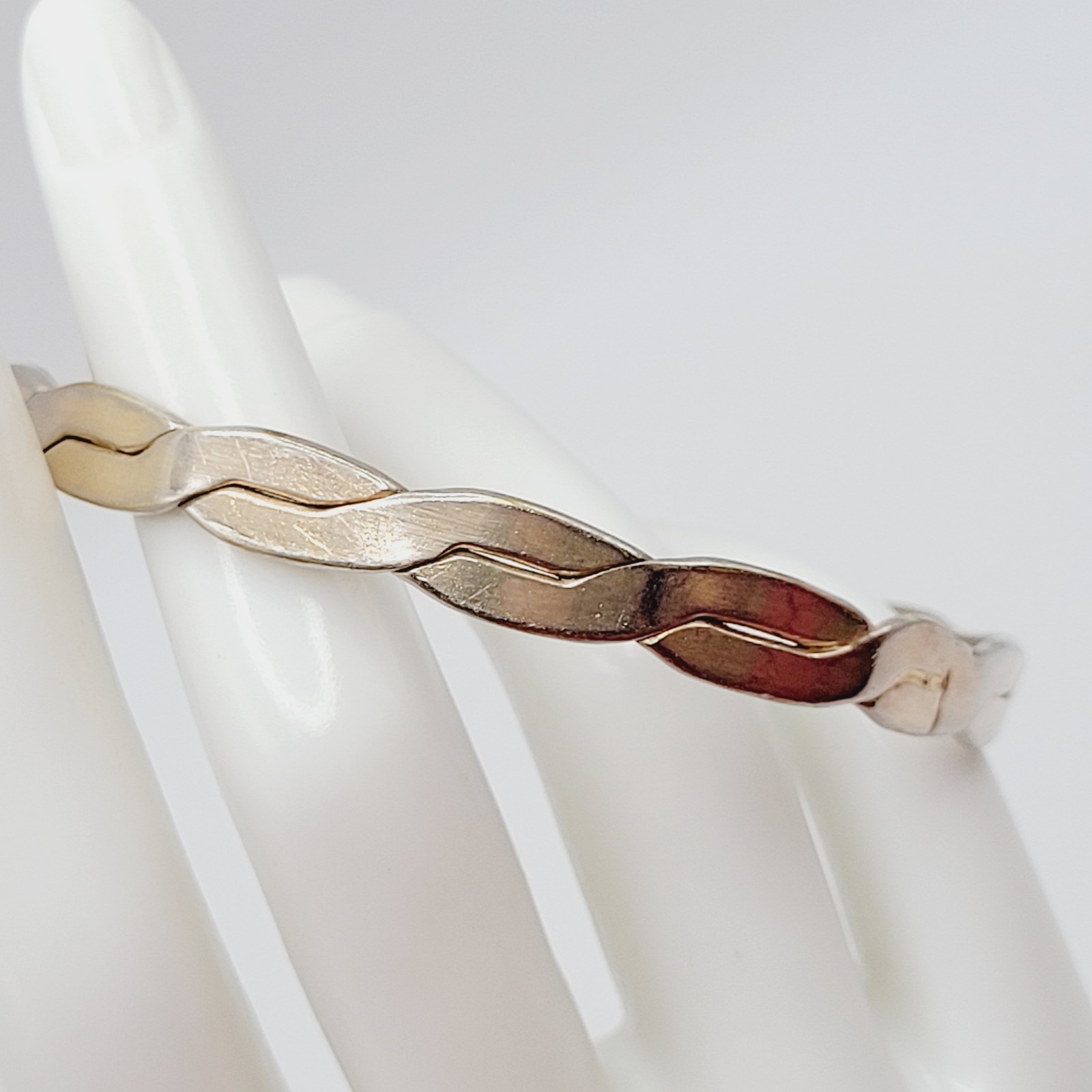 Vintage Mexico Metal Flat Braid Worn Silver Tone Brass Bangle Bracelet 8 Inch