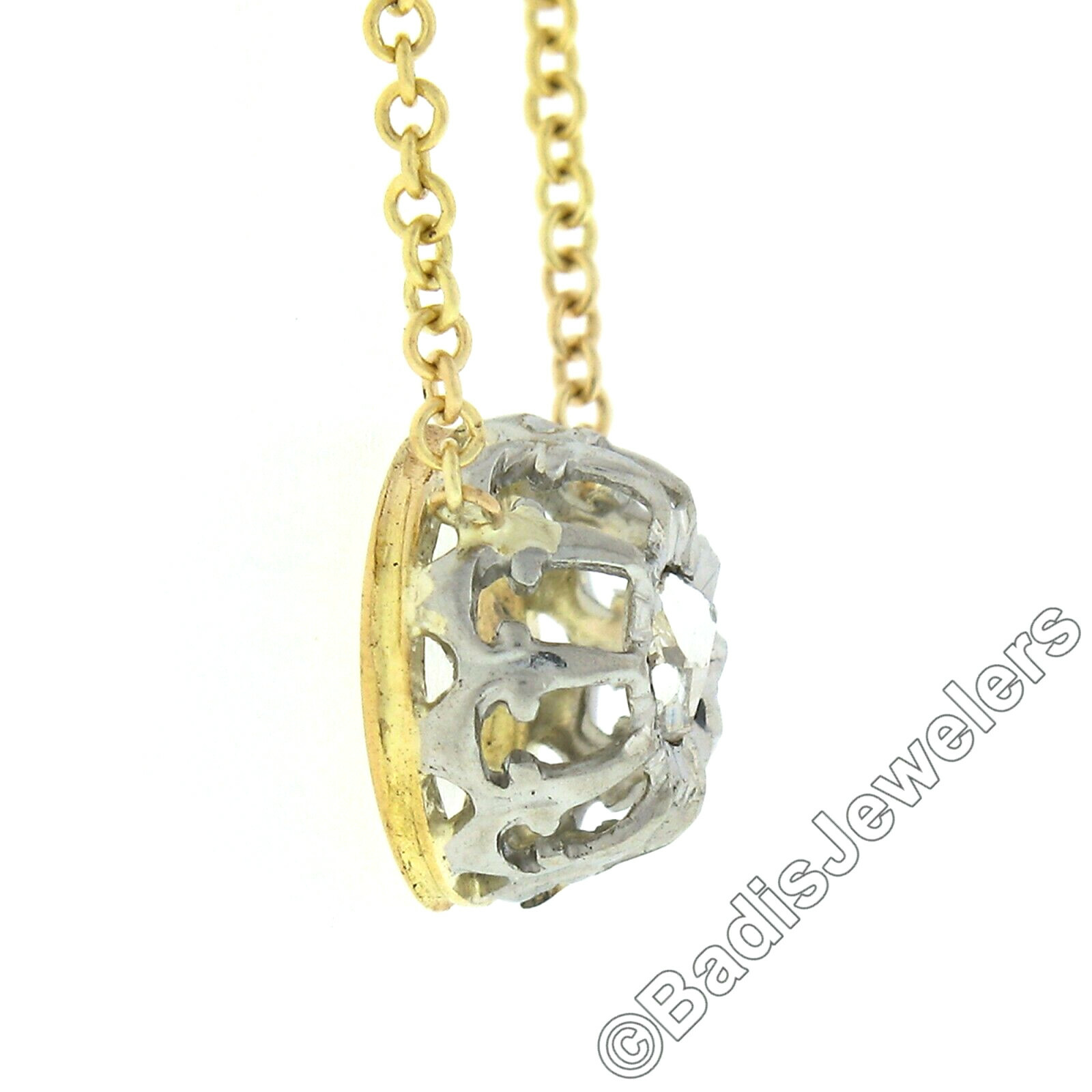 Antique 18k Gold & Platinum 0.06ctw Rose Cut Diamond Solitaire Pendant w/ Chain