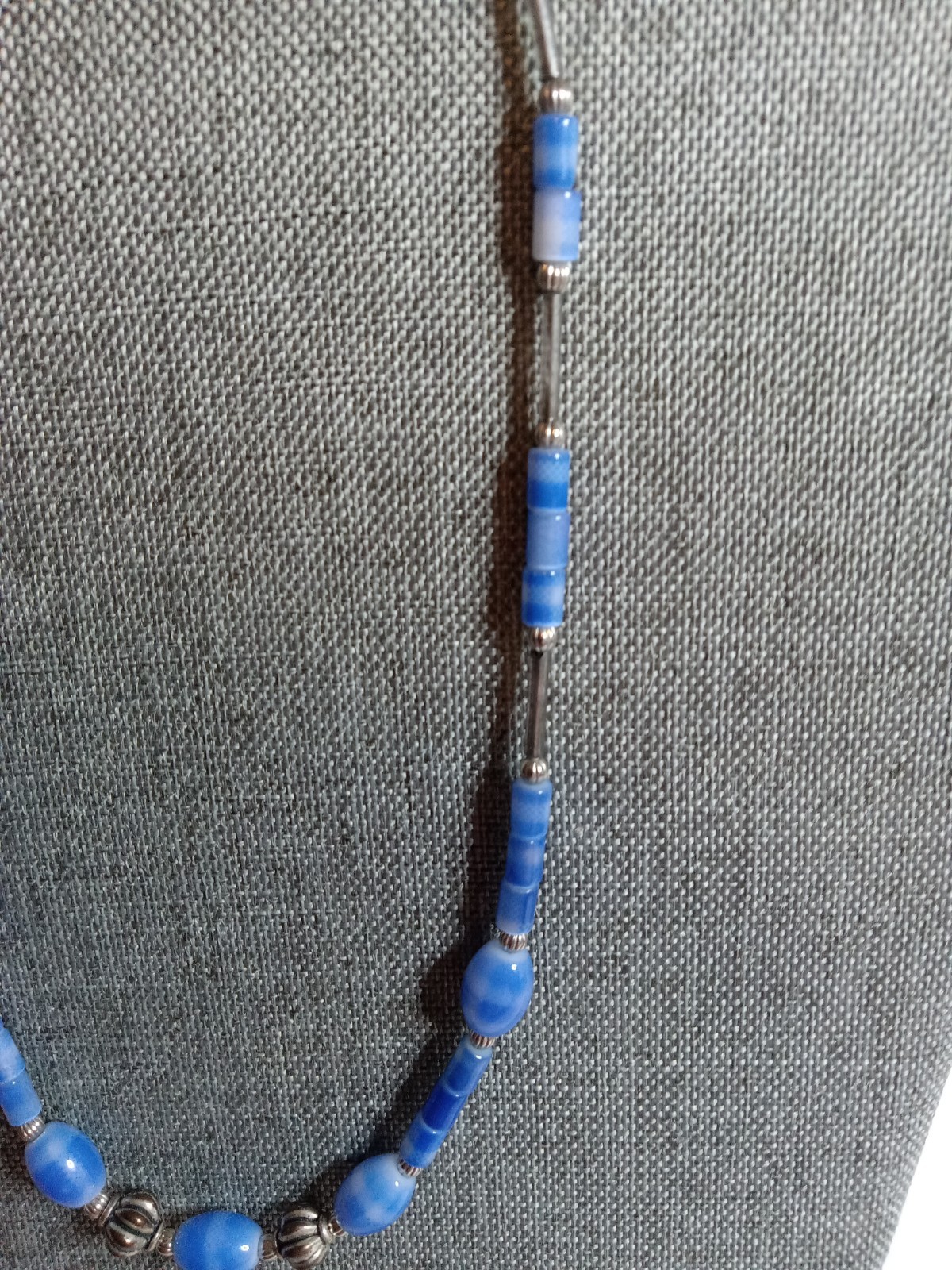Lapis Lazuli Blue Beaded Glass Necklace 17″ Long with Silver Spacer Beads
