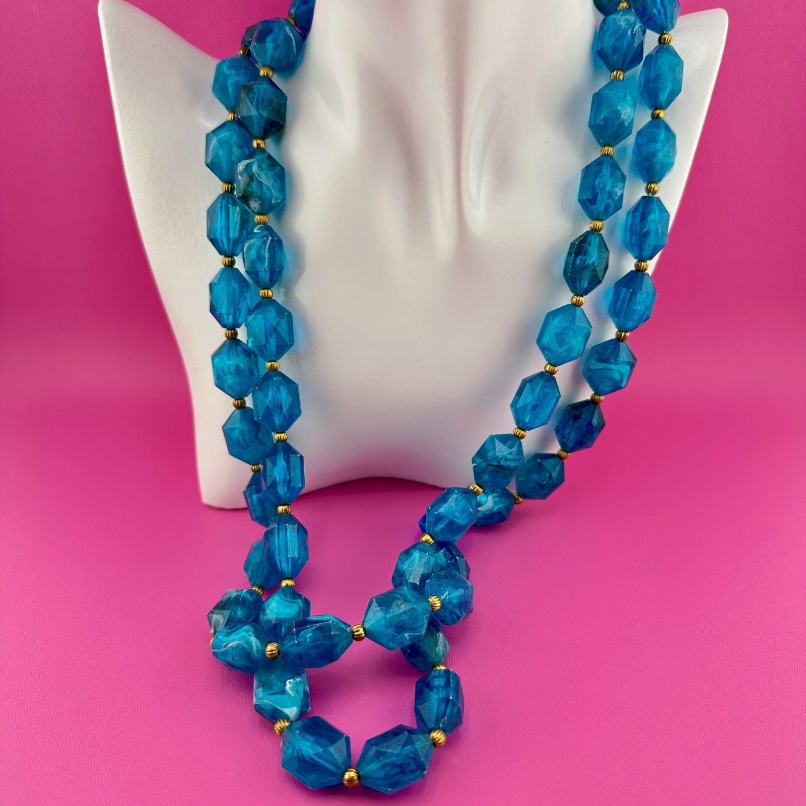 Vintage Necklace Aqua Blue Marbled Acrylic 2 Strand Filigree Clasp Faceted Bead