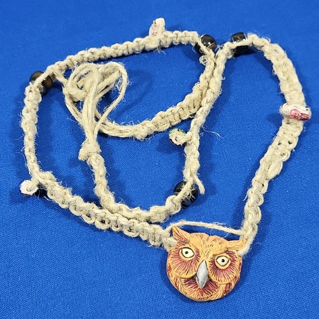 Vintage Y2K Hemp Necklace Owl Themed Beaded Boho Grunge