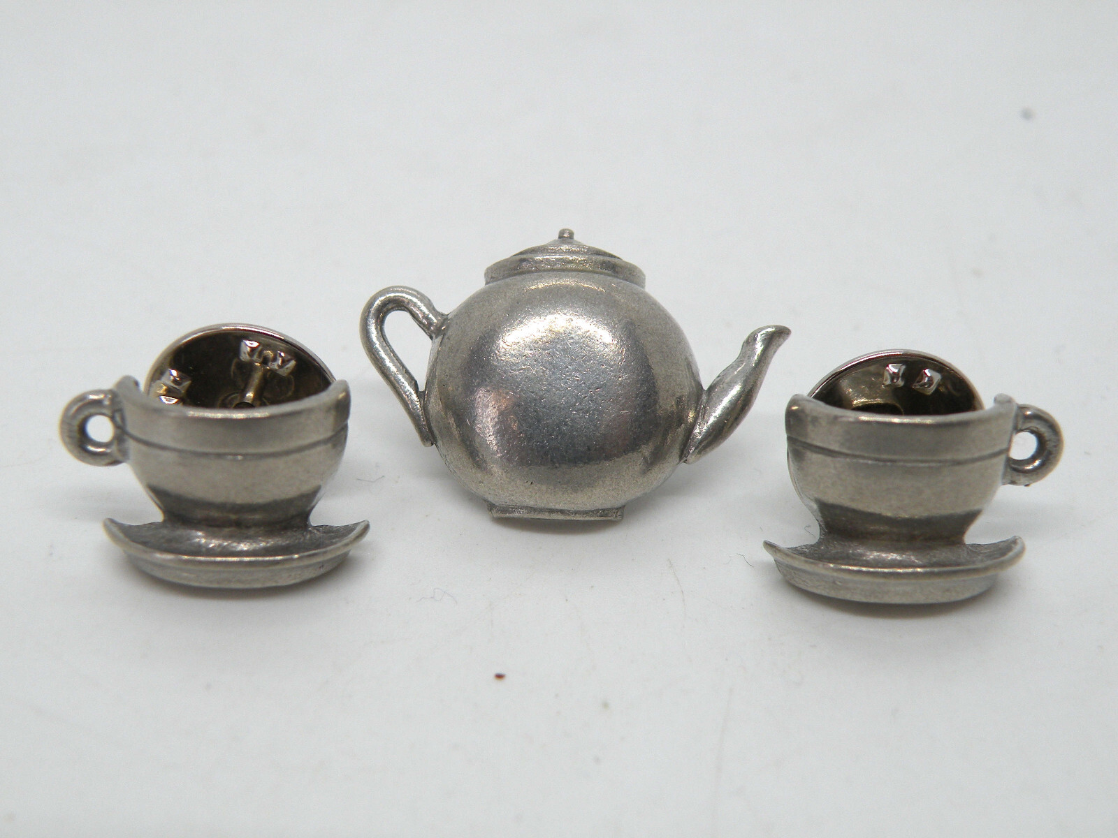 3X Rare Vintage Jim Clift Signed Teatime Teapot Teacups Pewter Pin Brooch