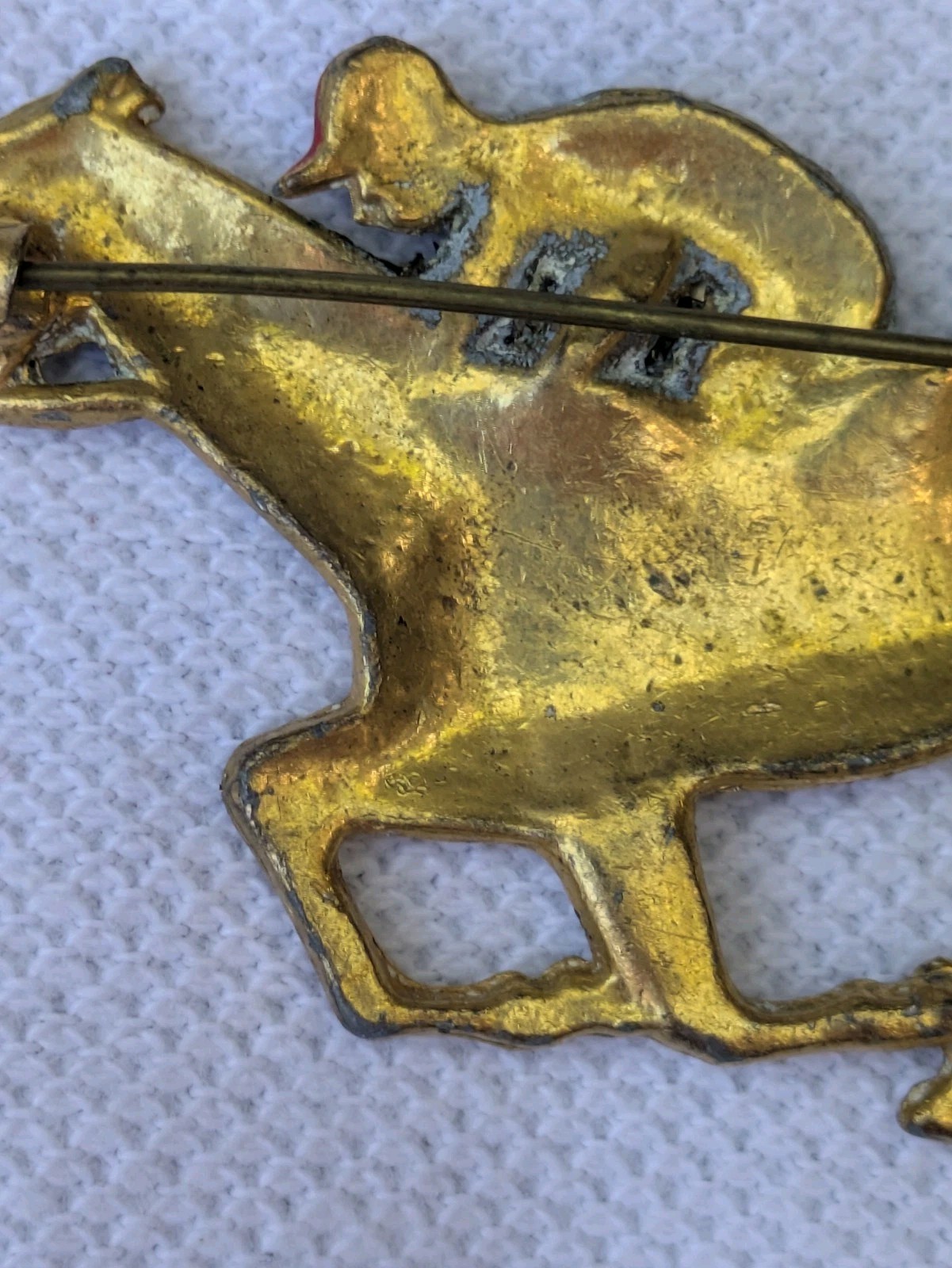 Antique Glass Glitter on Brass Race Horse & Jockey Brooch Pin C Clasp AS IS D92