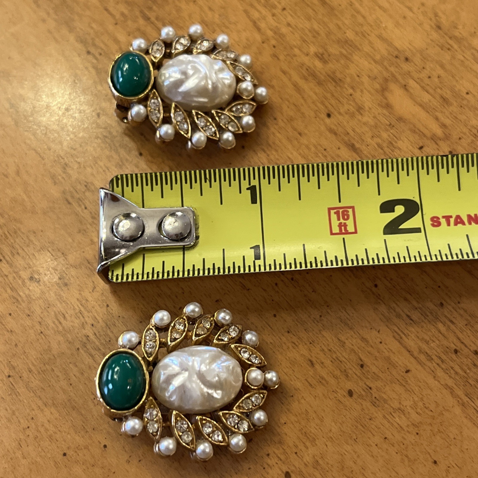 Vintage Faux Mabe & Many Pearls Green Glass Gripoix Cabochon Clip On Earrings