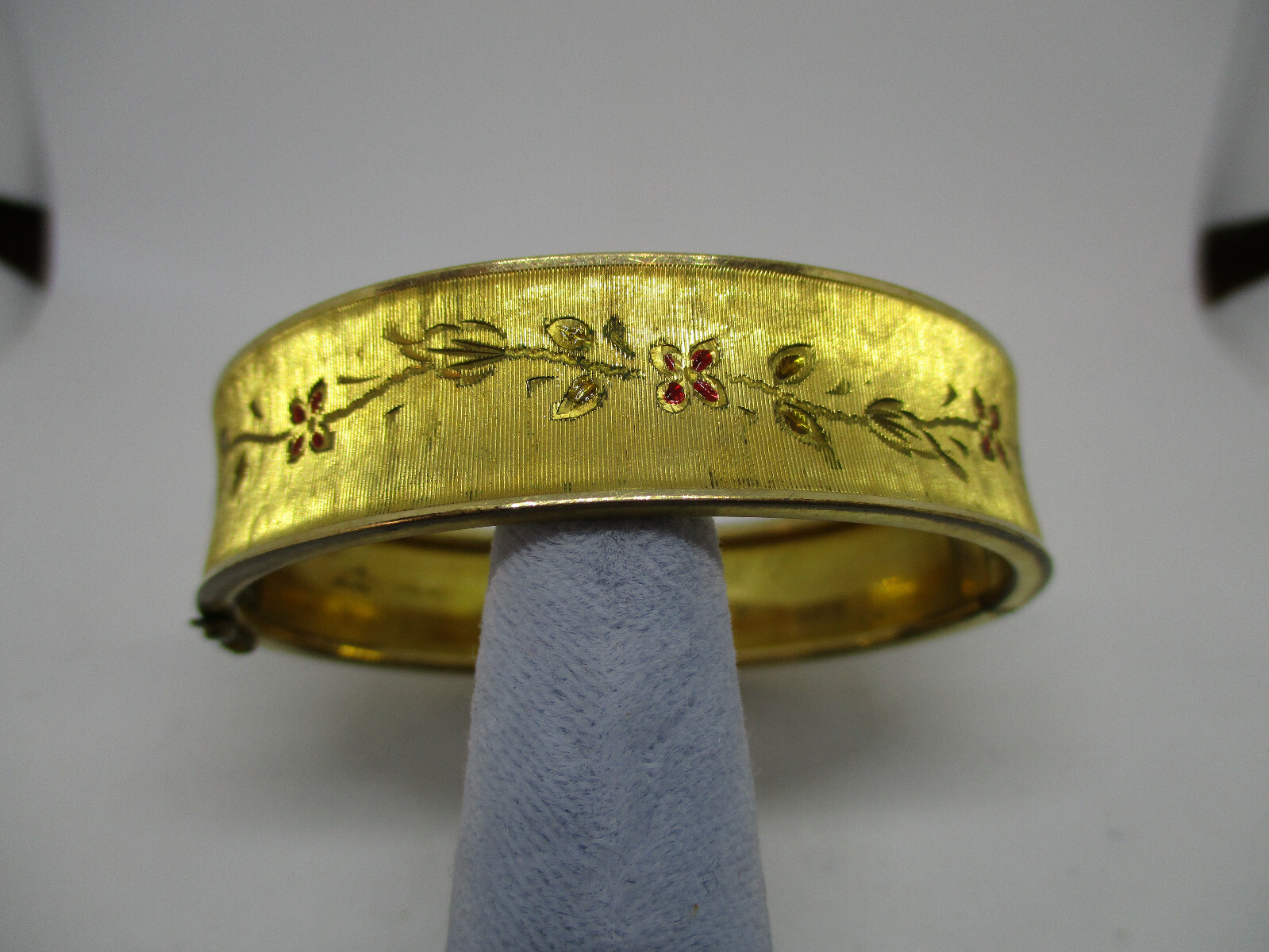 1/20 12K Gold Filled GF RINE Signed Hinged Bangle Bracelet ENAMEL Floral Design
