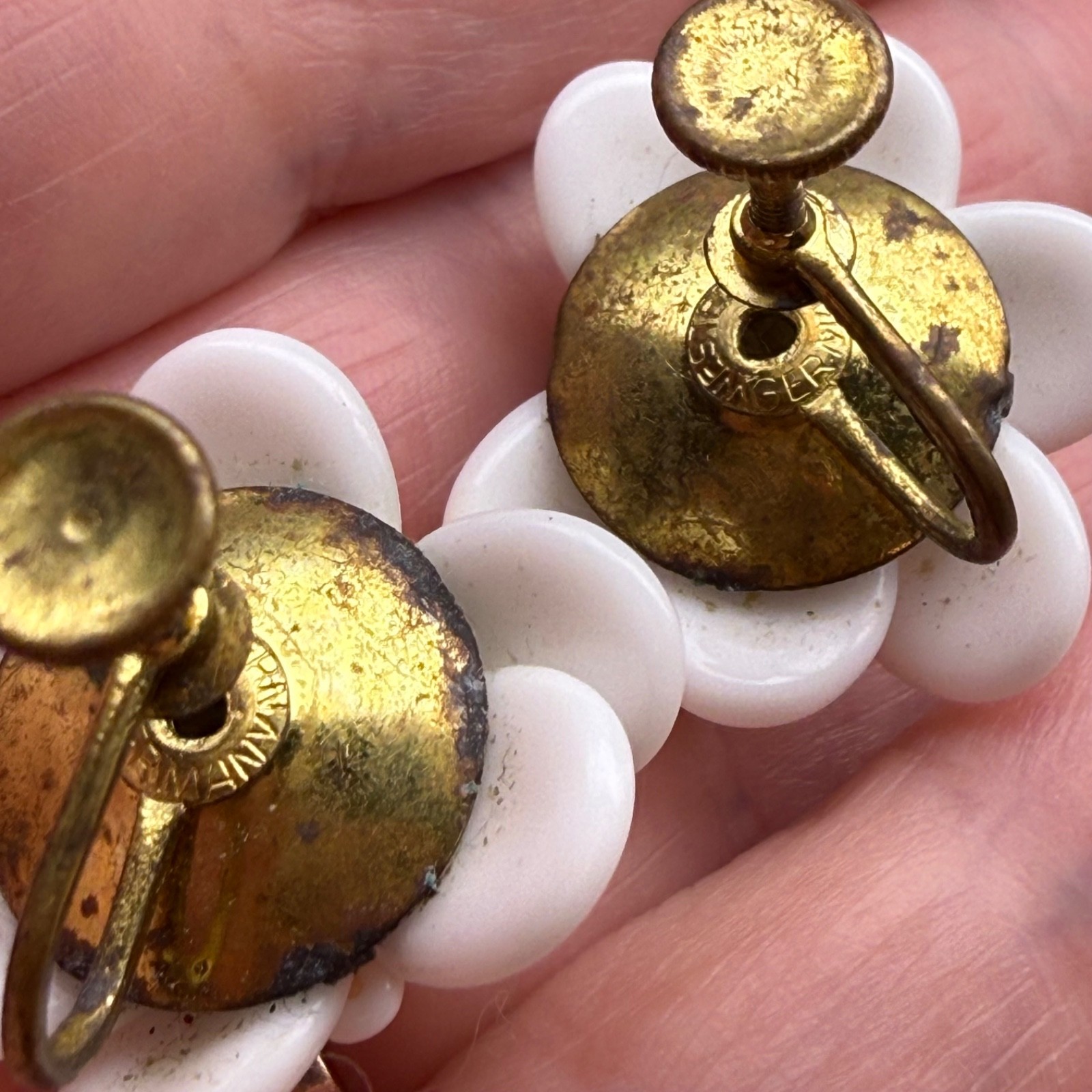 Vintage West Germany White Lucite Flower Screwback Earrings 1950s Floral
