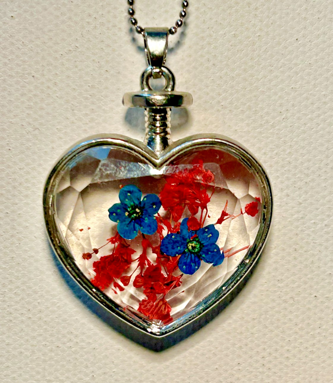 Vintage Heart Pendant Necklace Blue and Red Pressed Flowers