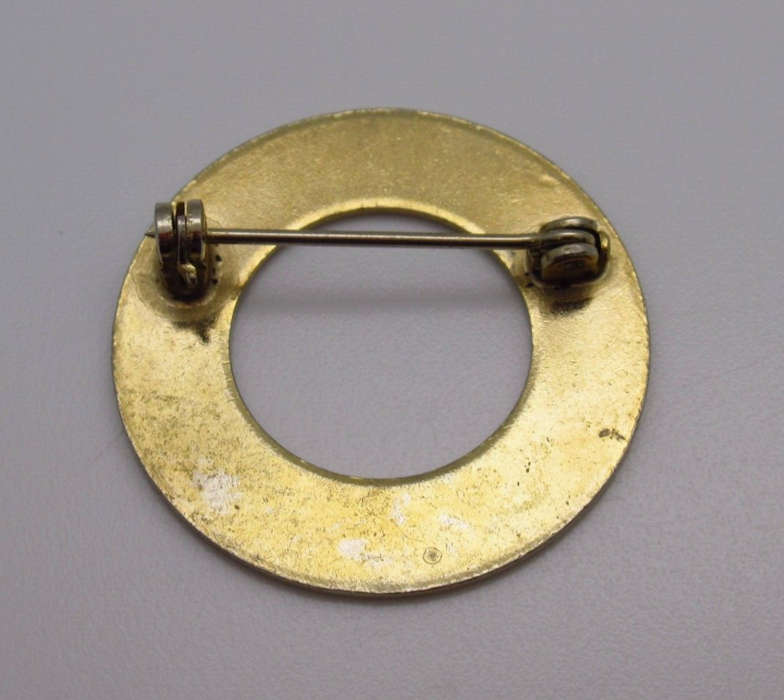 Gold Tone Circle Brooch Pin Open Round Minimalist Patina Geometric Jewelry