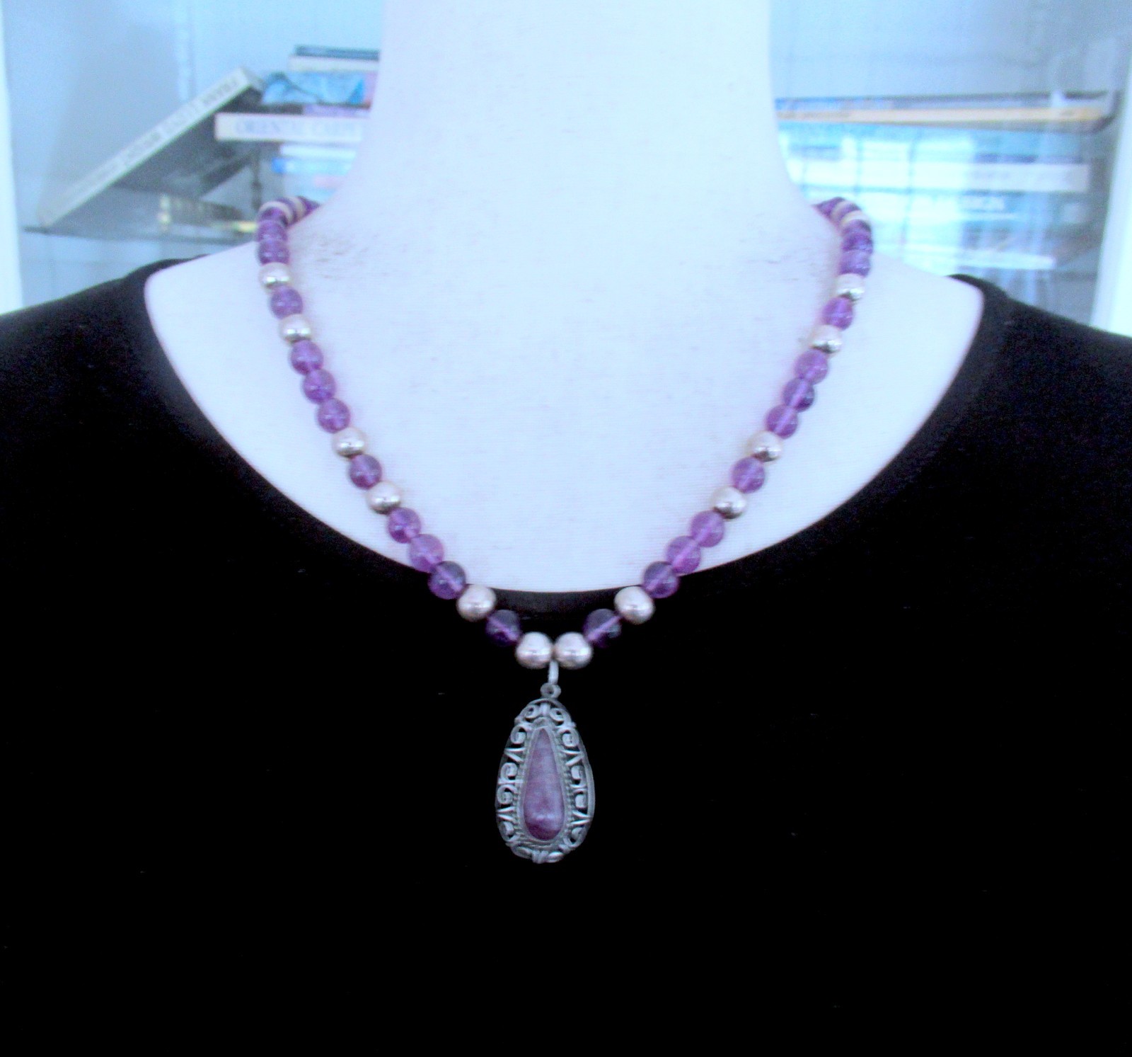 STERLING & AMETHYST MEXICO PENDANT & NECKLACE, 22 INCHES, 8.5MM WIDE, 49 GRAMS