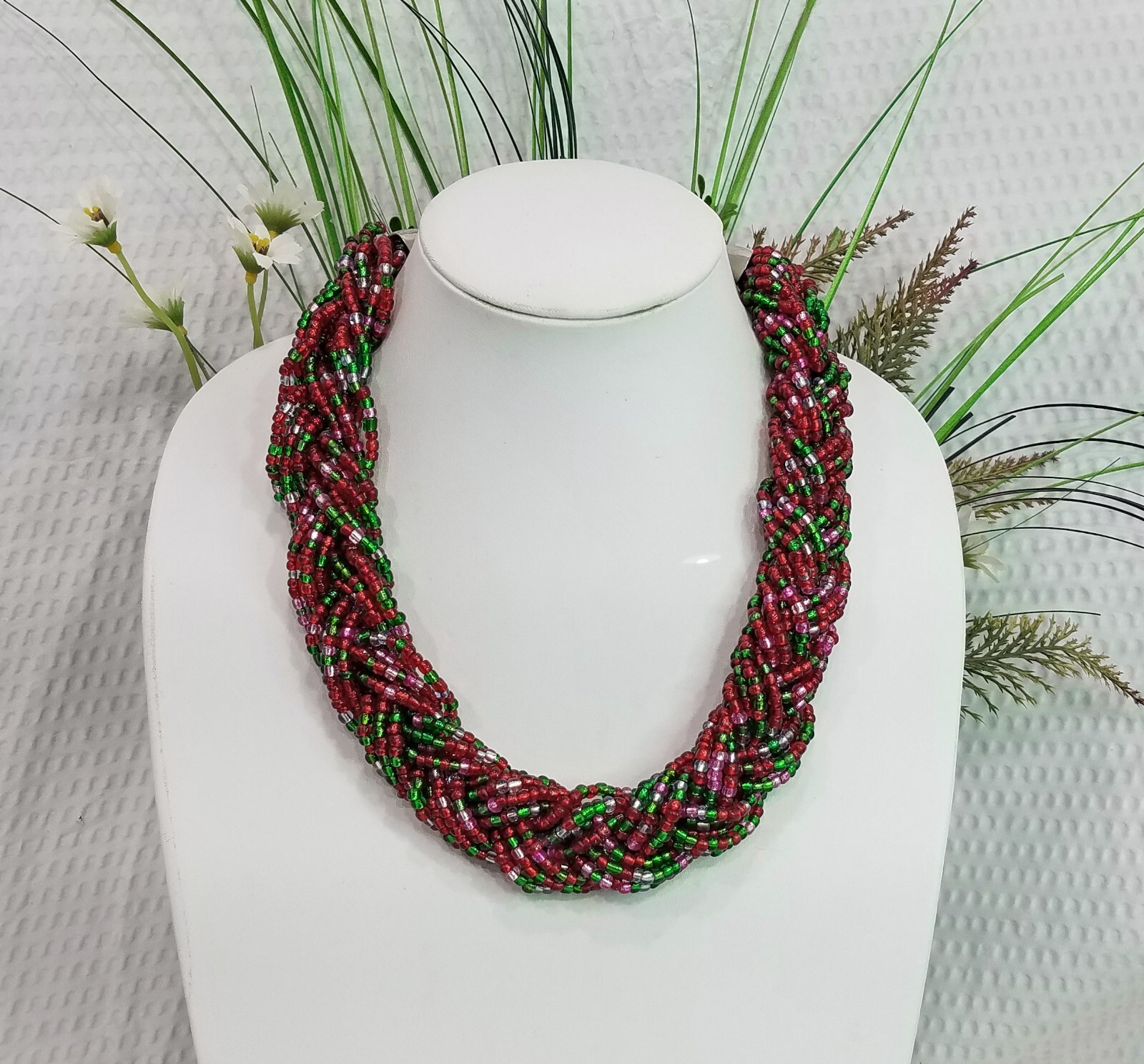 Vintage Signed You & I Burgundy Pink and Green Braided Seed Beed Choker Necklace