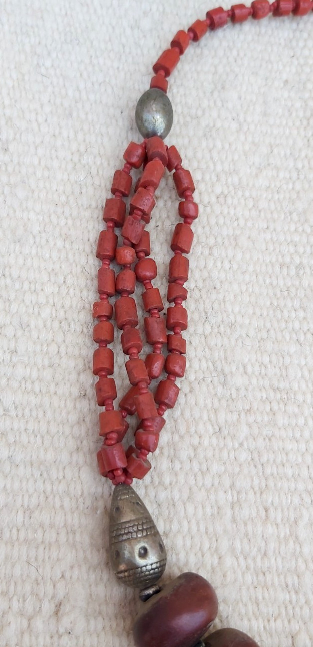 Vintage Tribal Coral Glass & Resin Copal Necklace Ethnic Metal Beads Boho Statem