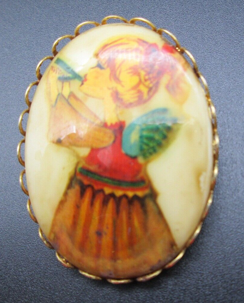 Angel Holiday Painted Porcelain Brass Portrait Brooch Pin Estate *Corrosion Back