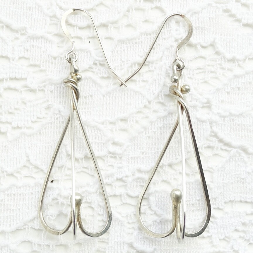 Vintage Modernist Pierced Drop Dangle Earrings Sterling Silver Wire Dimensional