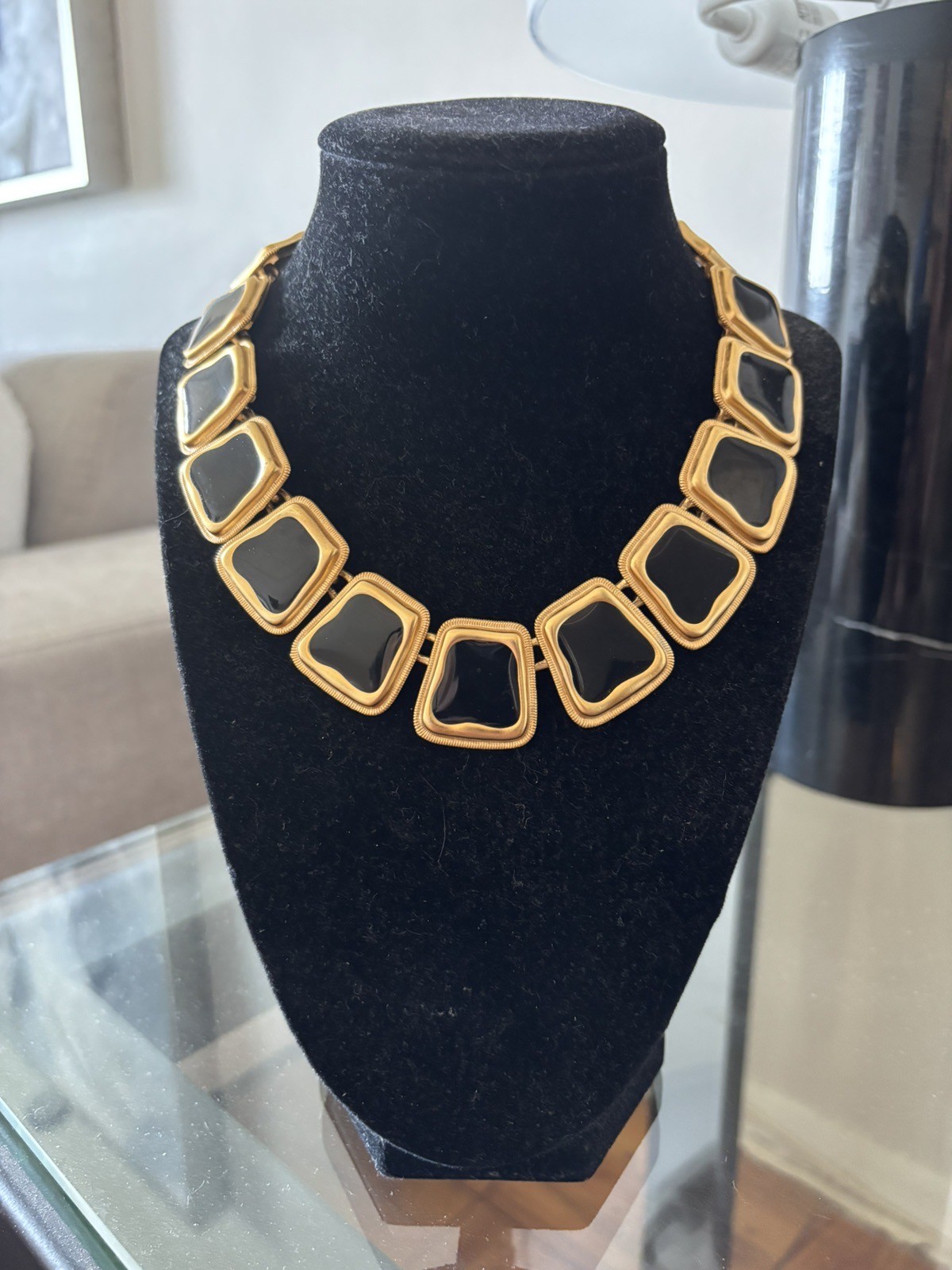 Anne Klein Vintage Gold Plated Black Enamel Geometric Choker Necklace