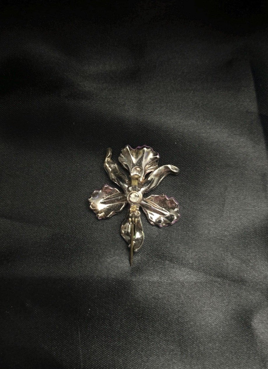 1920s Pot Metal Enamel Orchid Brooch | French Art Nouveau Purple Lavender Flower