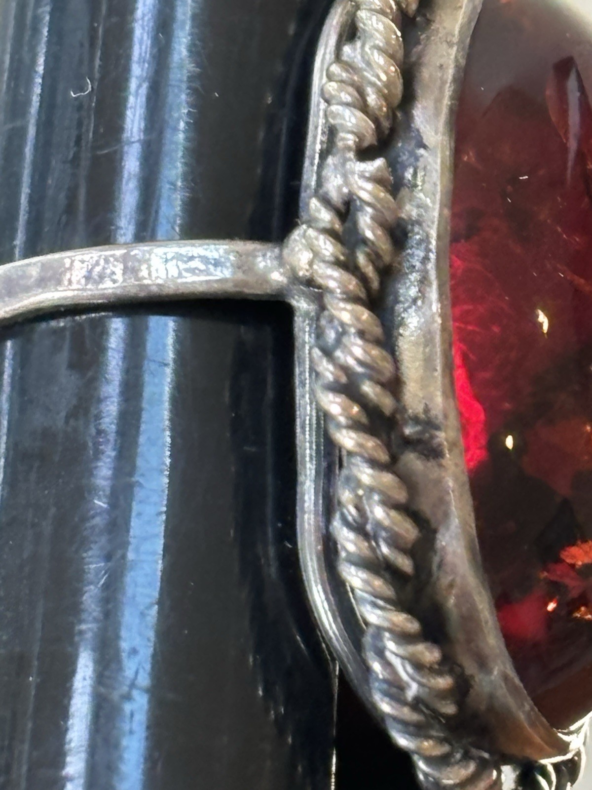 Vtg. HALLMARKED 925 Head Facing Right STERLING SILVER AMBER RING Hand Made 7.75