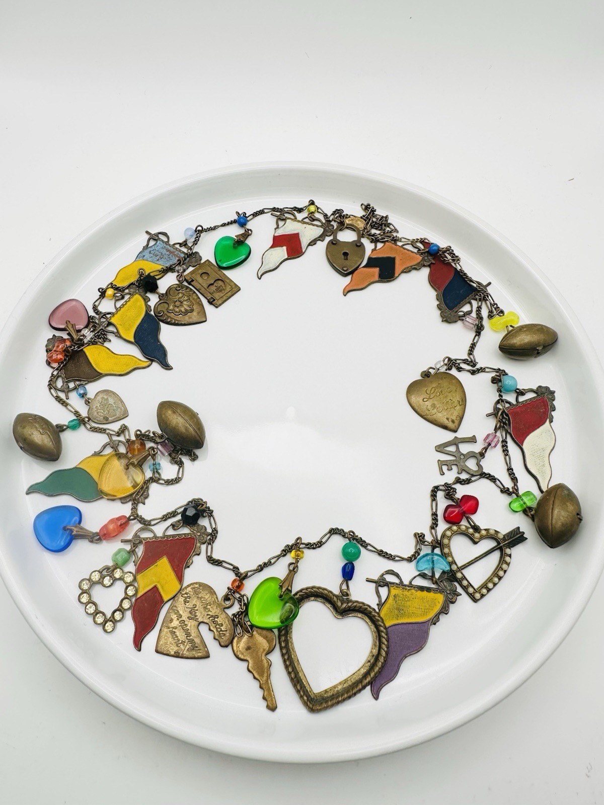 Vintage Glass Works Studio Flag Motifs Heart Glass Charms Multi Colors Necklace