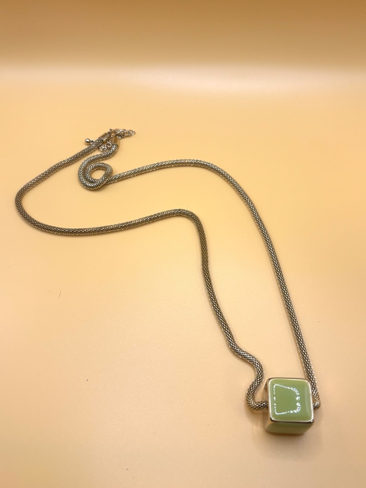 Vintage Modernist MCM Gold Tone Mesh Chain Lime Green Enamel Cube Necklace 32”