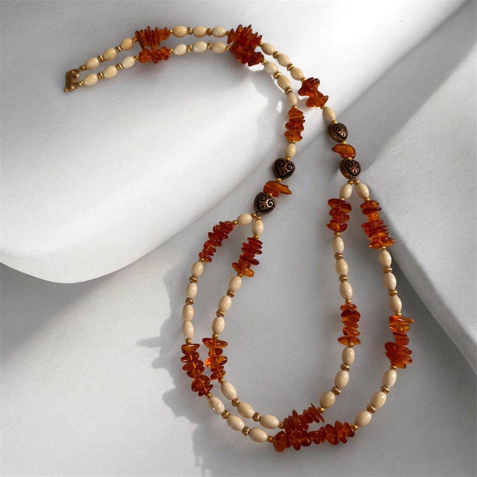 Vintage Lee Sands Double Strand Amber Bead Necklace Heart Spacer Boho Coastal