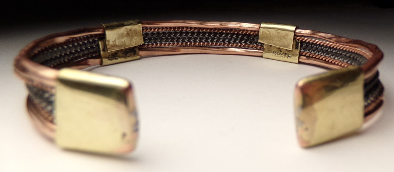 VTG MCM COPPER BRASS STERLING SILVER MIXED METAL ARTIST CRUDE CUFF MENS BRACELET