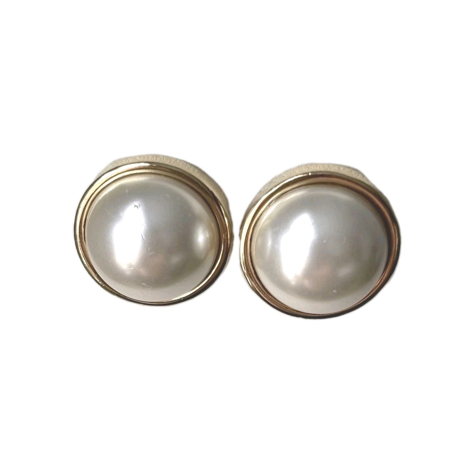 Faux Pearl Cabochon Clip On Earrings/ Measure About 1 In/ Gold Tone