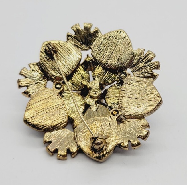 Flower Brooch Pin PURPLE pink Red Gold tone 1.75 in 3D Art Deco Vintage