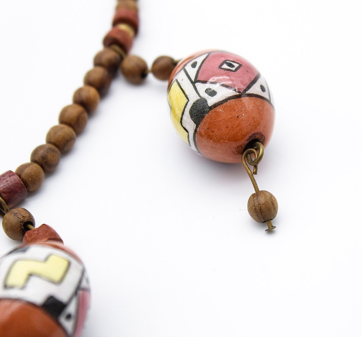 Vintage Tribal Style Hand Painted Ceramic & Wood Bead Statement Necklace