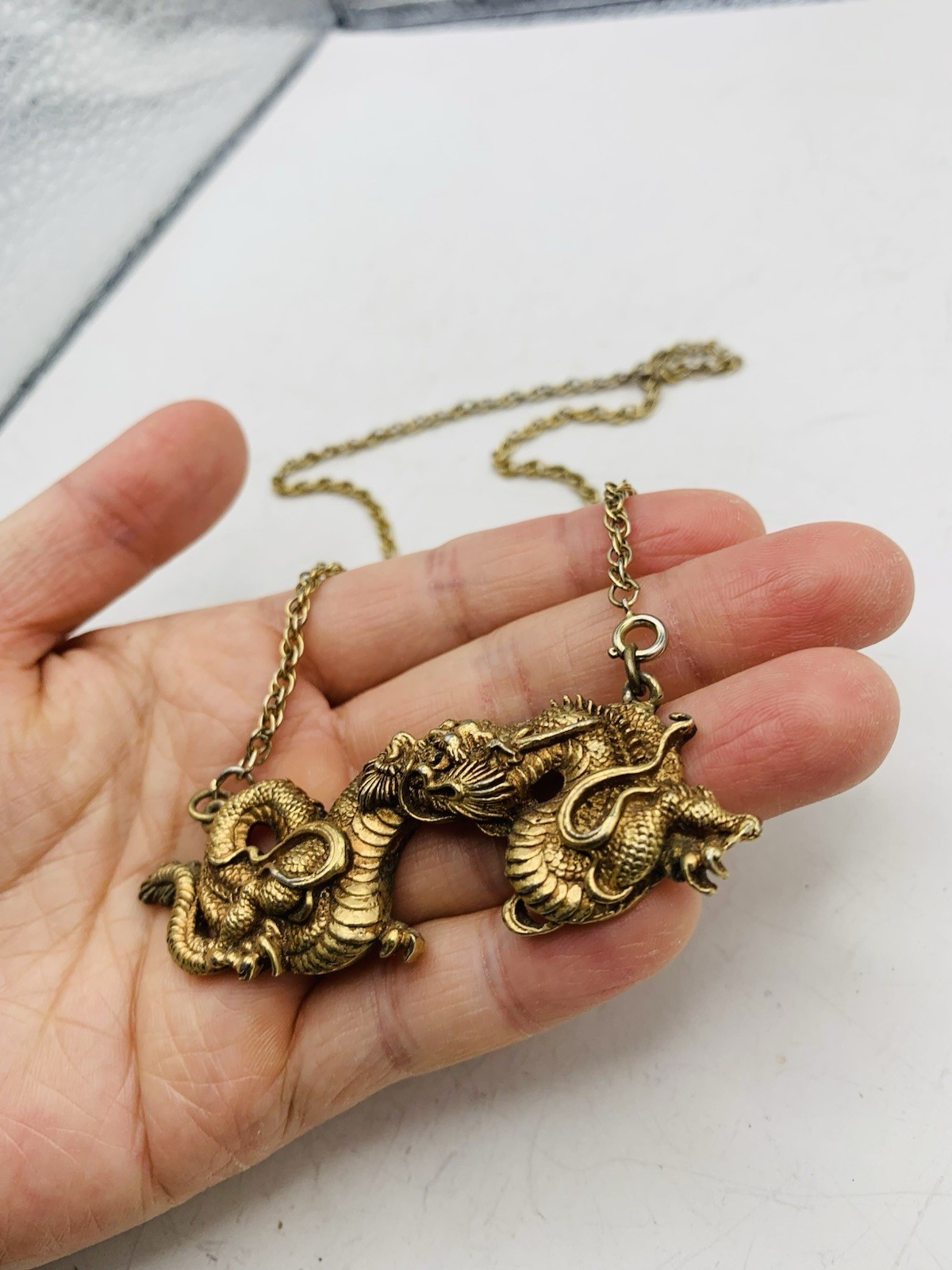 Vintage Alva Museum Replica Gold Tone Menuki Asian Japanese Dragon 18” Necklace