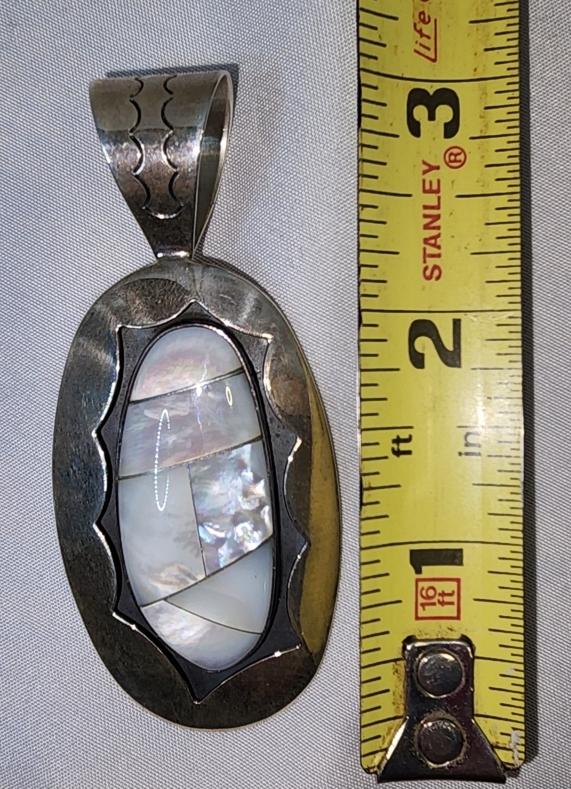 Vtg Sterling Silver Signed DRT Mother of Pearl Inlay shadow box style Pendant