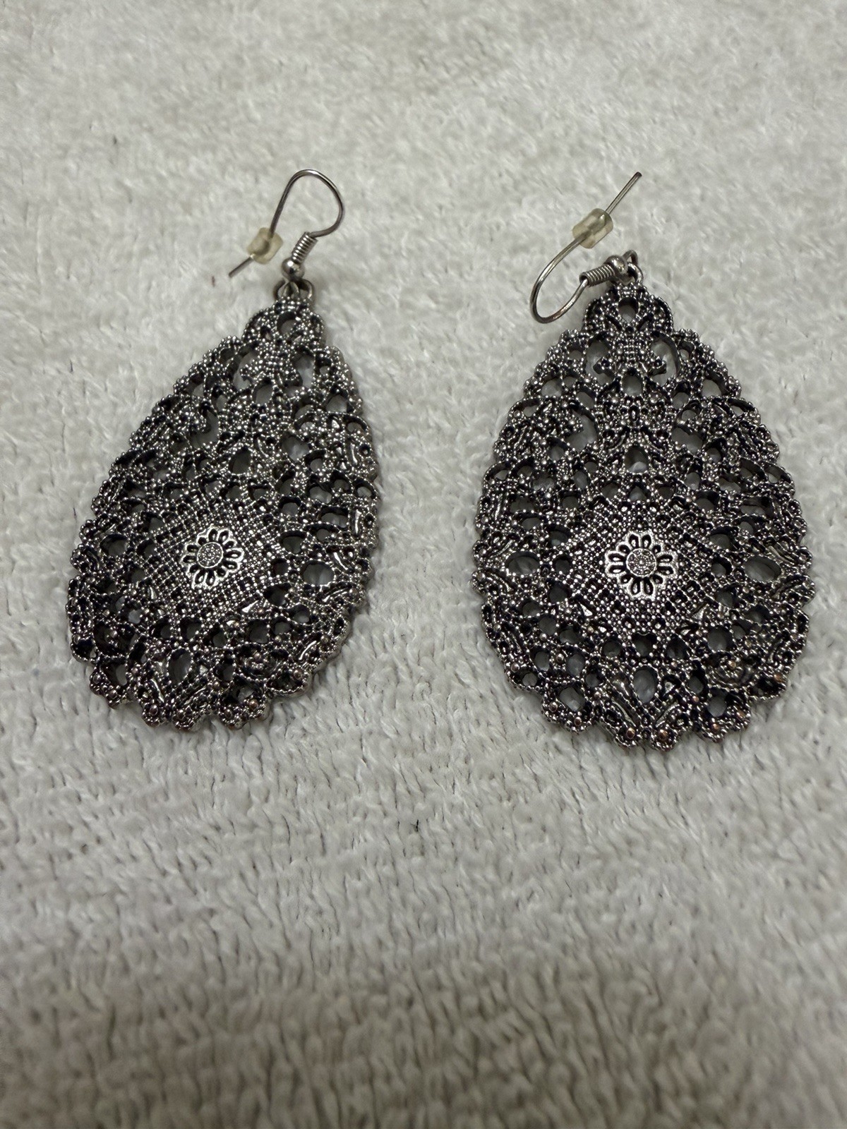 ANTIQUE SILVER-TONE TEARDROP STATEMENT METAL DROP EARRINGS