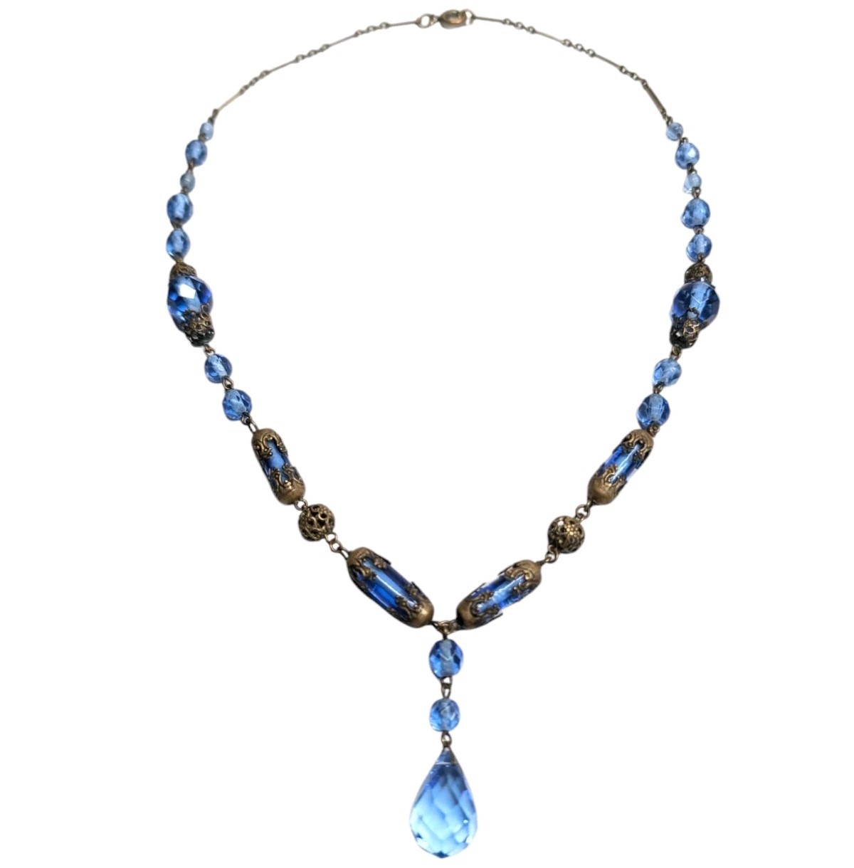 Czech Glass Necklace Blue Lozenge Art Deco Drop Pendant Faceted Filigree