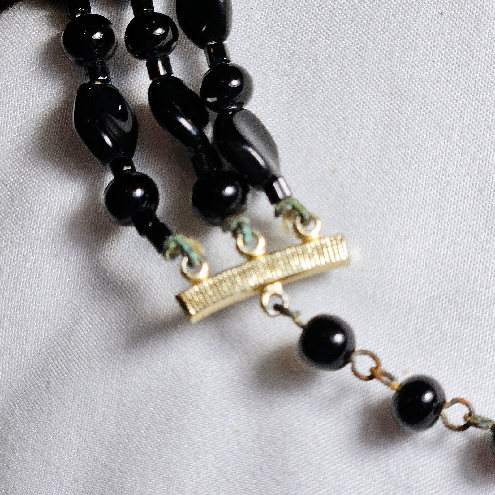 Japan Retro Vintage Necklace Black 3 Strand Glass Beads Metal Hook Clasp