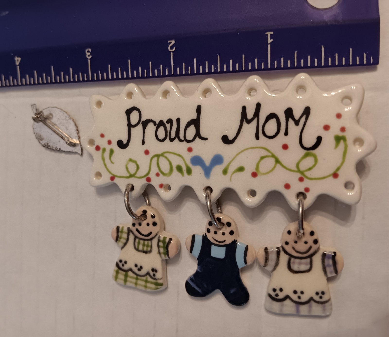 Cute ceramic ” Proud Mom ” Brooch And Small Silver Tone Leaf “Mom” Pin