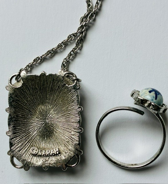 Sarah Coventry Blue White Delft Dutch Windmill Pendant Necklace & Ring, Vintage
